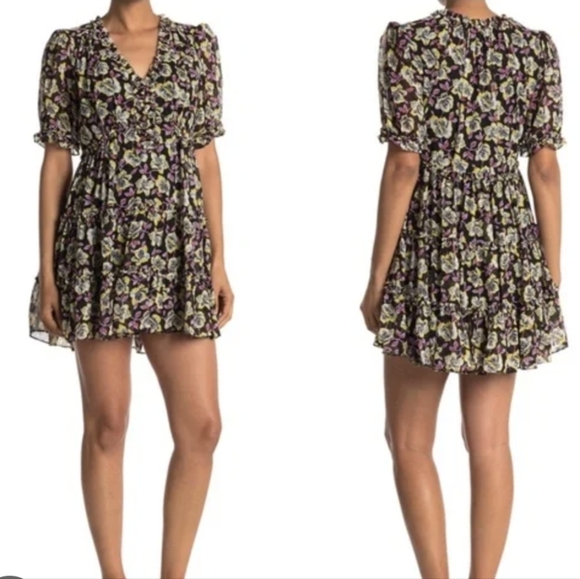 Cinq à Sept black multicolor floral v-neck Tish mini dress ruffle trim - Picture 1 of 8